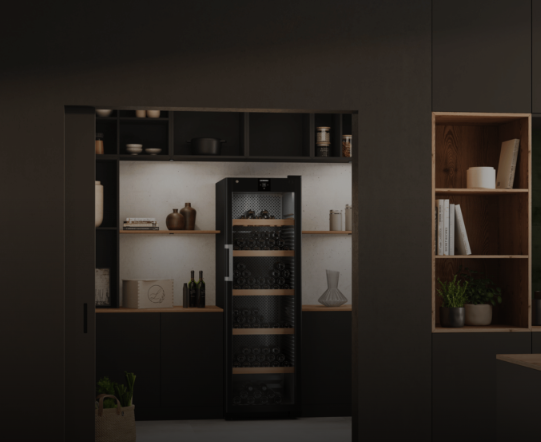 Kitchen with dark cabinets, open shelves, and a wine refrigerator centered between shelves.