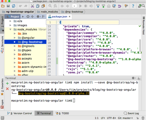 Looking good! We've got @ng-bootstrap added to node-modules and included in the dependencies in package.json.