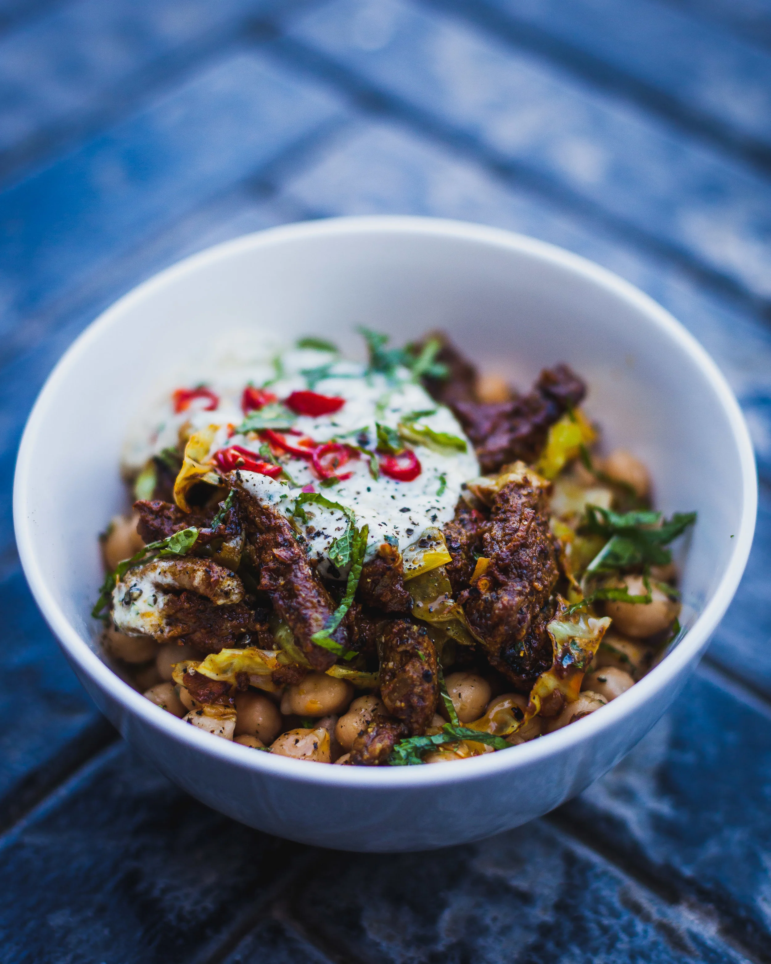 Stir-fried lamb, with Ras El Hanout, chickpeas and tahini