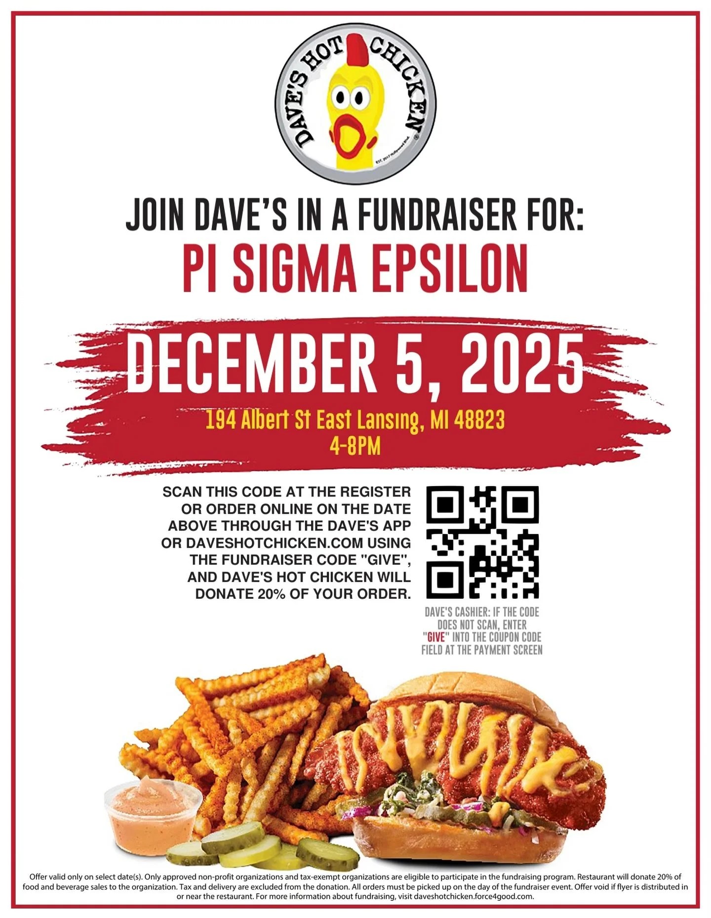 Come and help support Pi Sigma Epsilon! at Dave&rsquo;s Hot chicken today Friday Dec 5th from 4-8pm
&bull;
&bull;
&bull;
Brings friends and enjoy some delicious food from Dave&rsquo;s Hot Chicken!