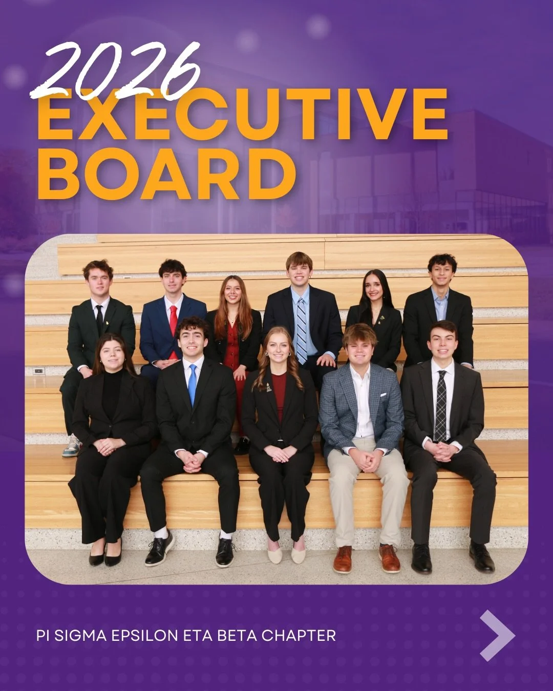 Say hello to the 2026 Executive Board for Pi Sigma Epsilon&rsquo;s Eta Beta Chapter!
-
President Ella Patterson
VP of Administration Charlie Hobart
VP of Professional Develoment Josh Kubiak
VP of Finance Jonathan Youngblood
VP of Human Rescourses Ava