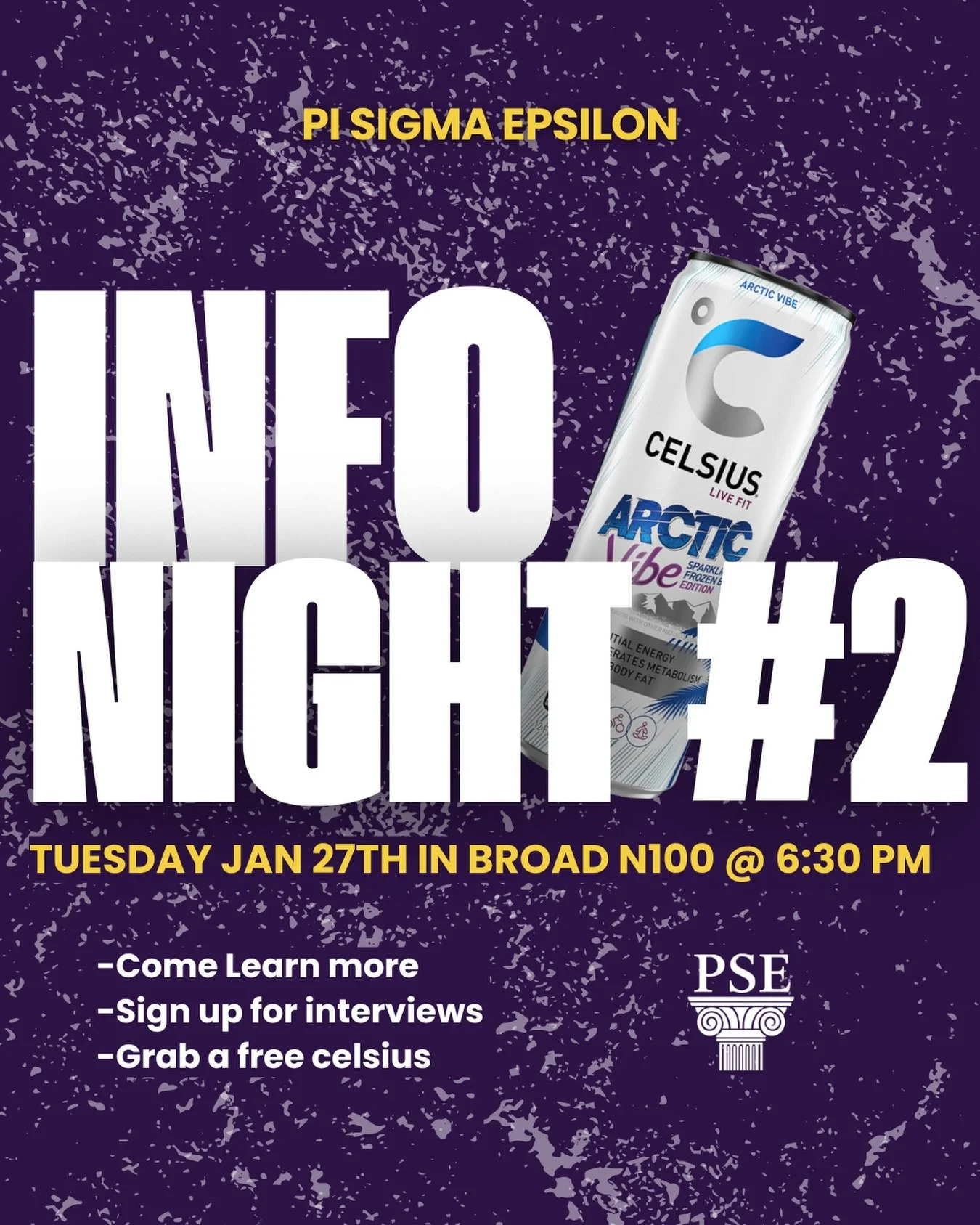Today is info night #2!Come learn about PiSigmaEpsilon
And grab a free Celsius!

#pisigmaepsilon#michiganstateuniversity#celsius