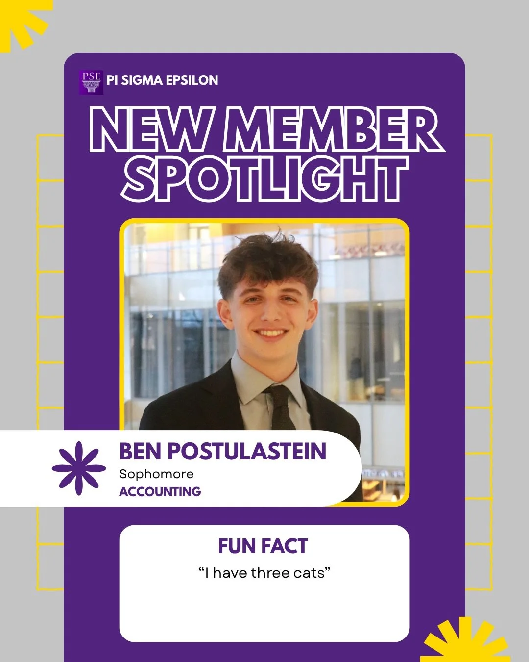 Hello New members!! 💜💛
&bull;
&bull;
&bull;
Welcome to Pi Sigma Epsilon ETA Beta chapter. We&rsquo;re so excited to have such a wonderful group! Can&rsquo;t wait to see how you guys grow within PSE both socially and professionally!
#pisigmaepsilon#