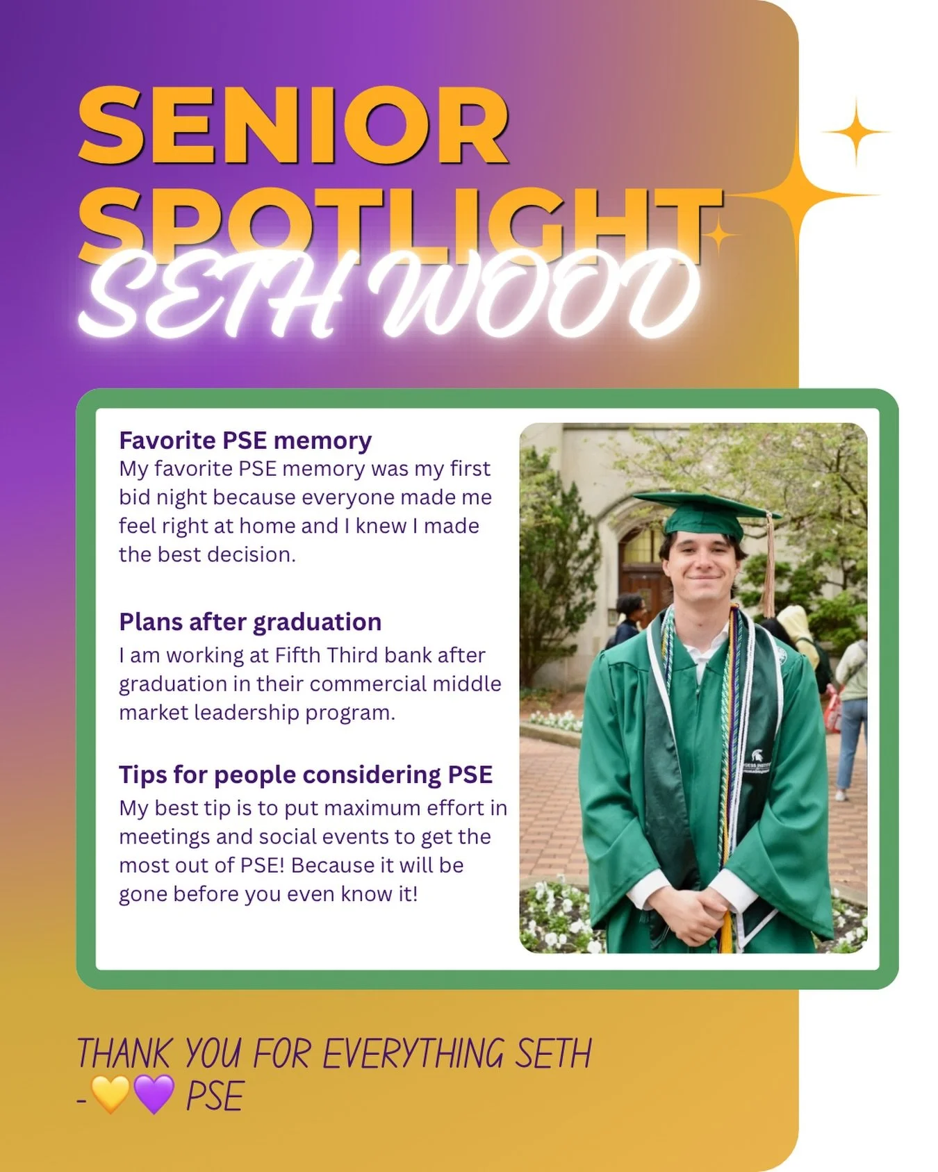 Our first senior spotlight is Seth Wood!

Thank you so much Seth for all your incredible contributions to PSE. You played such a crucial part in making PSE was it is today. Good luck on all your future ventures we&rsquo;re confident you will do great