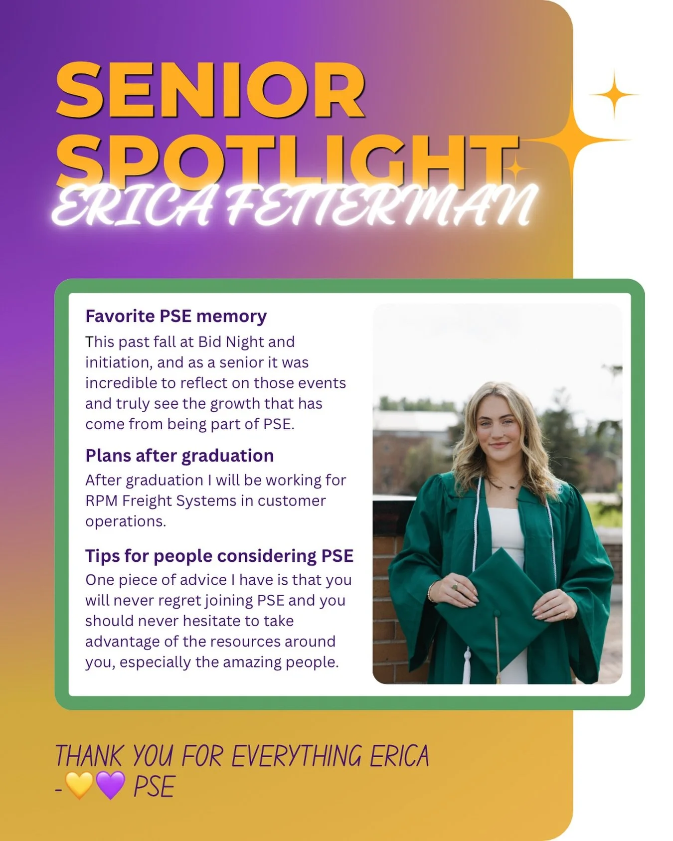 Next up is Erica Fetterman!

Erica has graduated with her bachelors in Supply Chain Management from the Board College of Business. Congrats Erica you will truly be missed! Thank you for your amazing personality and your welcoming and contagious smile