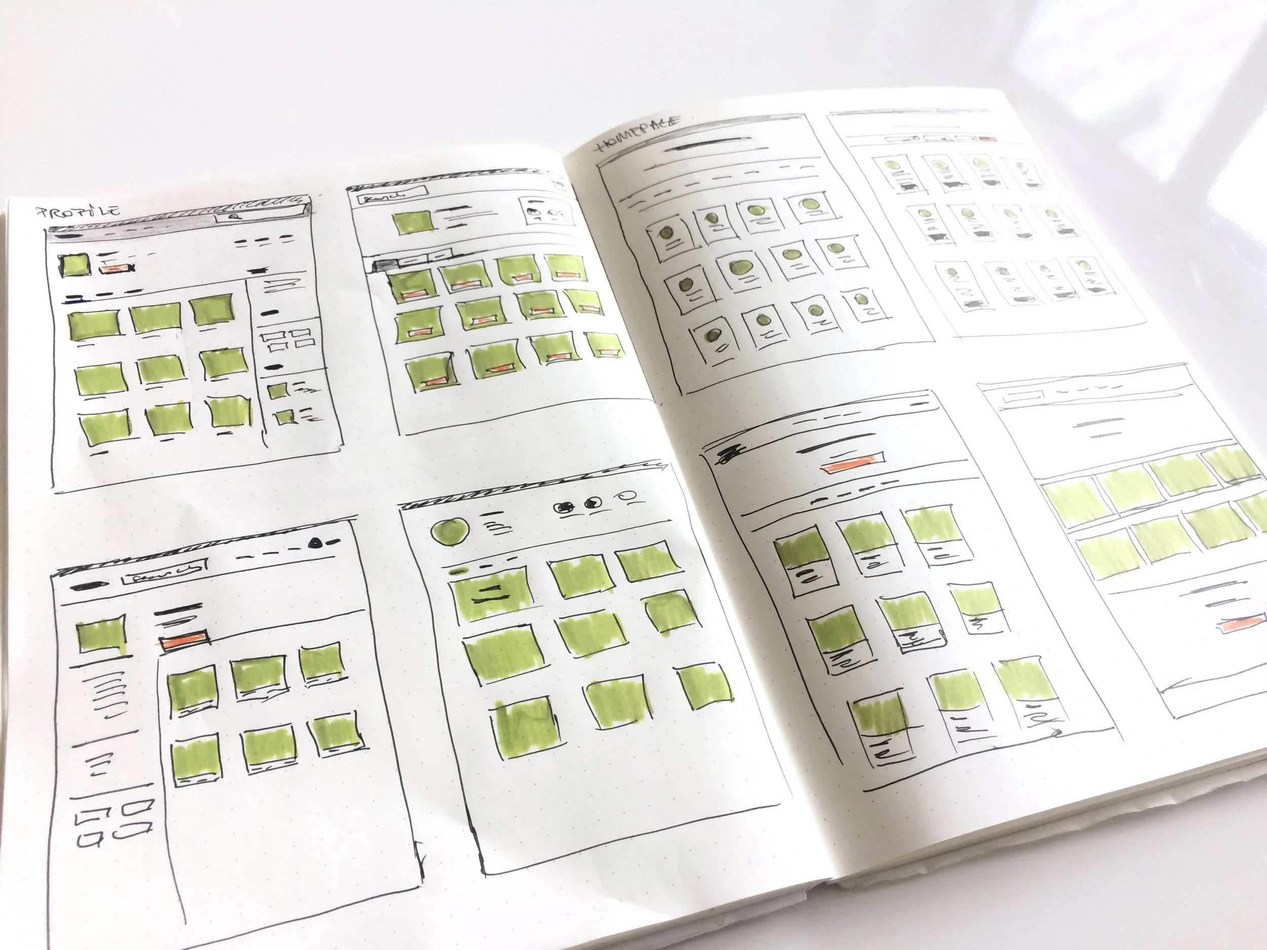 Early sketches exploring various design patterns for the Homepage and the Ambassador Profile Page.