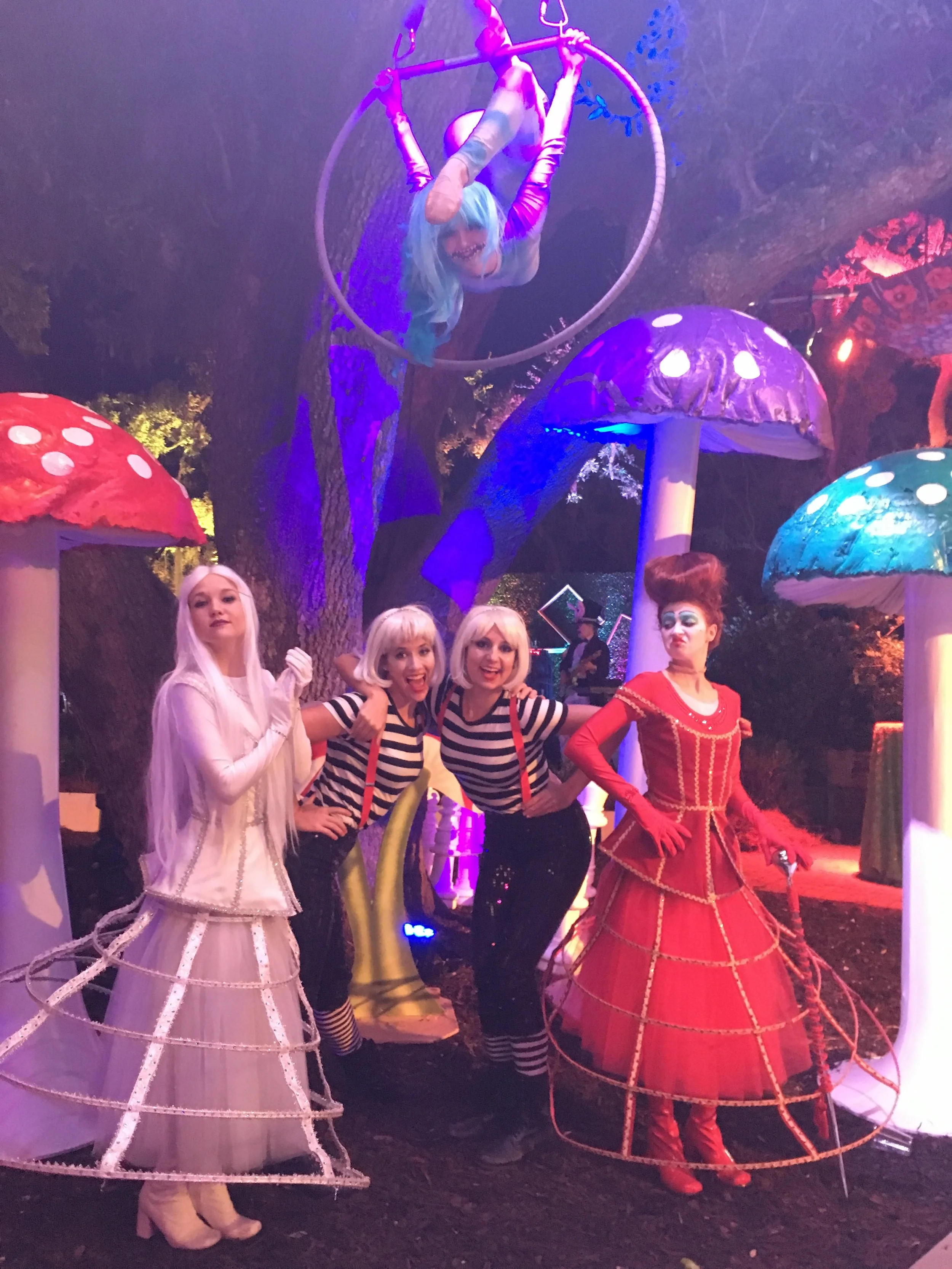 Five performers in Red and White Queen, Tweedle Dees, and Cheshire Cat inspired costumes for an Alice in Wonderland themed party. The "Cheshire Cat" inspired performer is an aerialist on a lyra.