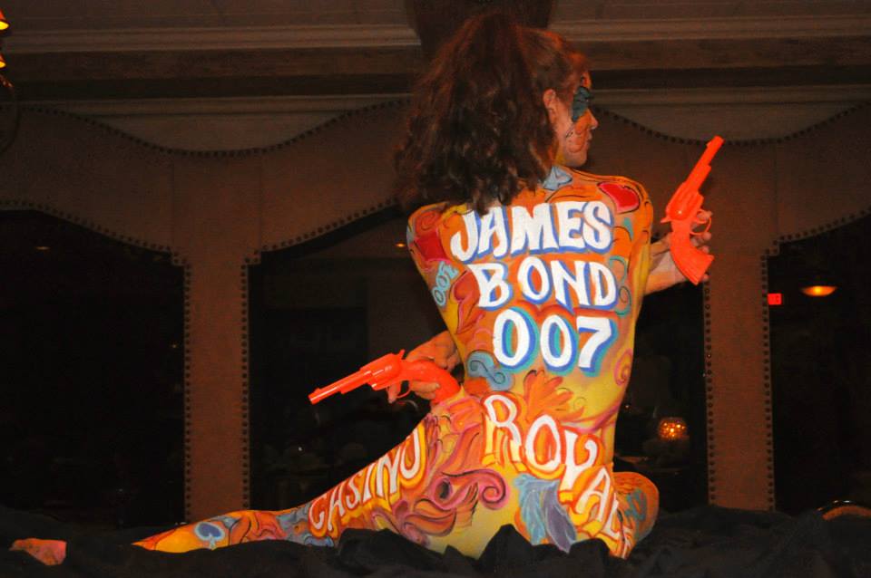1967 Casino Royal inspired body painted performer at a James Bond themed event