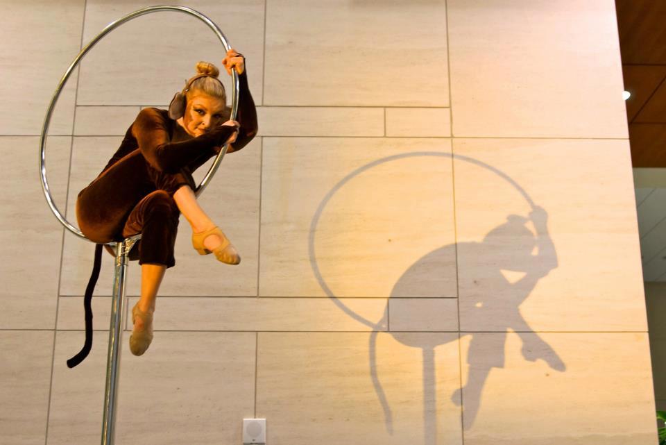 Aerialist performing on Lollipop Lyra costumed as a brown monkey for a jungle themed event