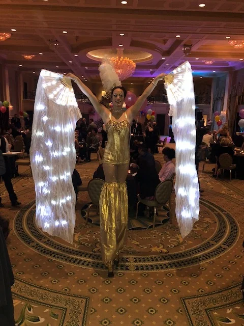Golden Glam Stilt Walker with LED Fans