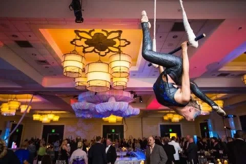 Trapeze Aerialist in Grey Costume Performing in a Ballroom