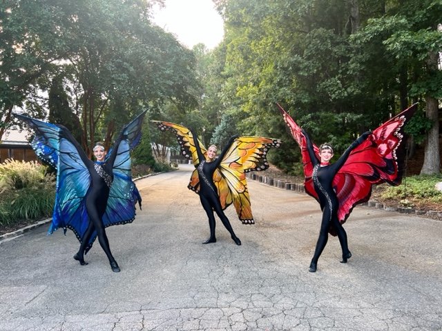 Three Butterfly Ballerina performers in black costumes and huge butterfly wings. One performer with blue wings, one with yellow wings, and one with red wings.