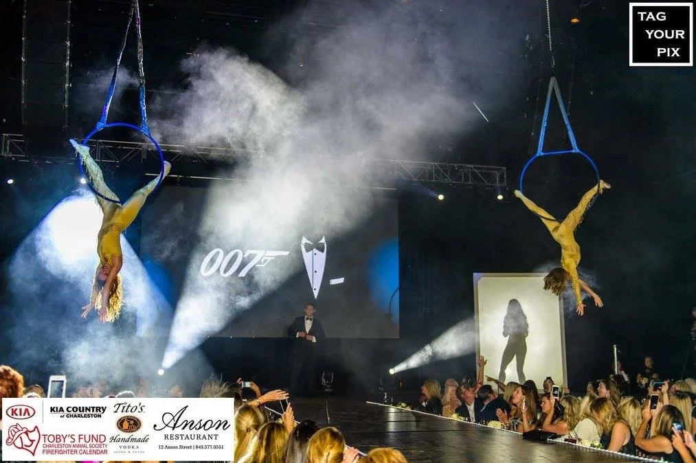 Gold Lyra Duo on Separate Aerial Hoops at James Bond Themed Event