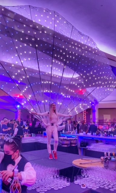 LED Peacock Performer in Red Sneakers at Olympic Event