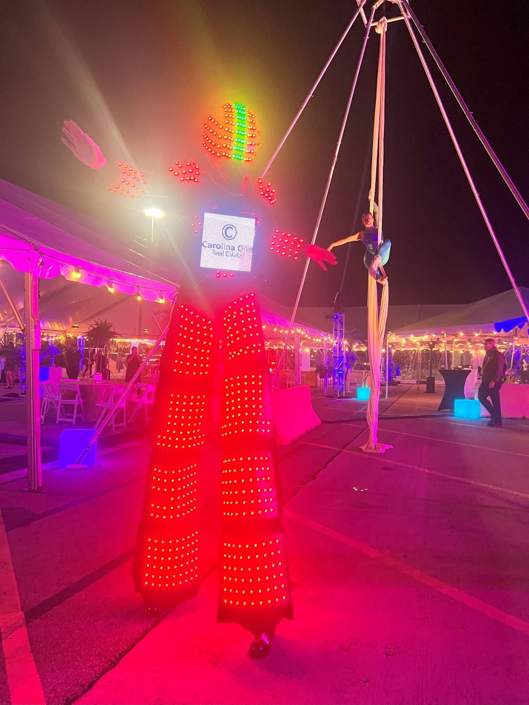 Red LED Robot and Aerialist Duo at Corporate Event