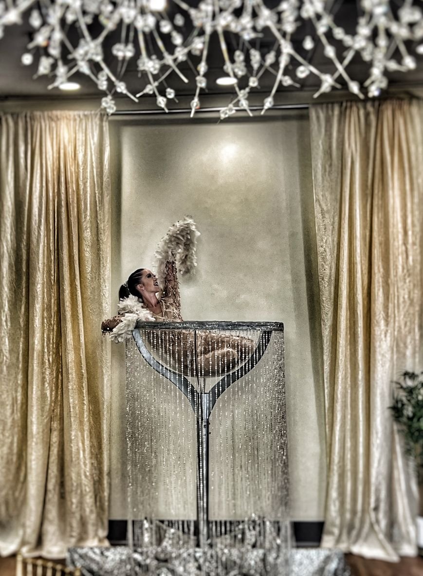 Gold Martini Glass Performer with White Feather Boa