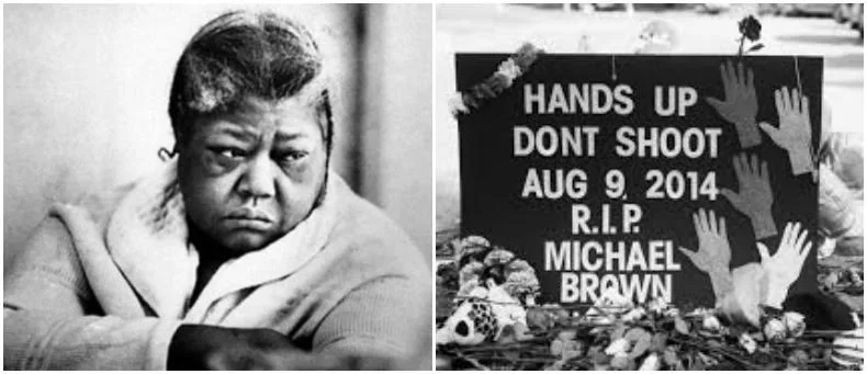 Left: Eleanor Bumpurs, Right: Street memorial for Michael Brown