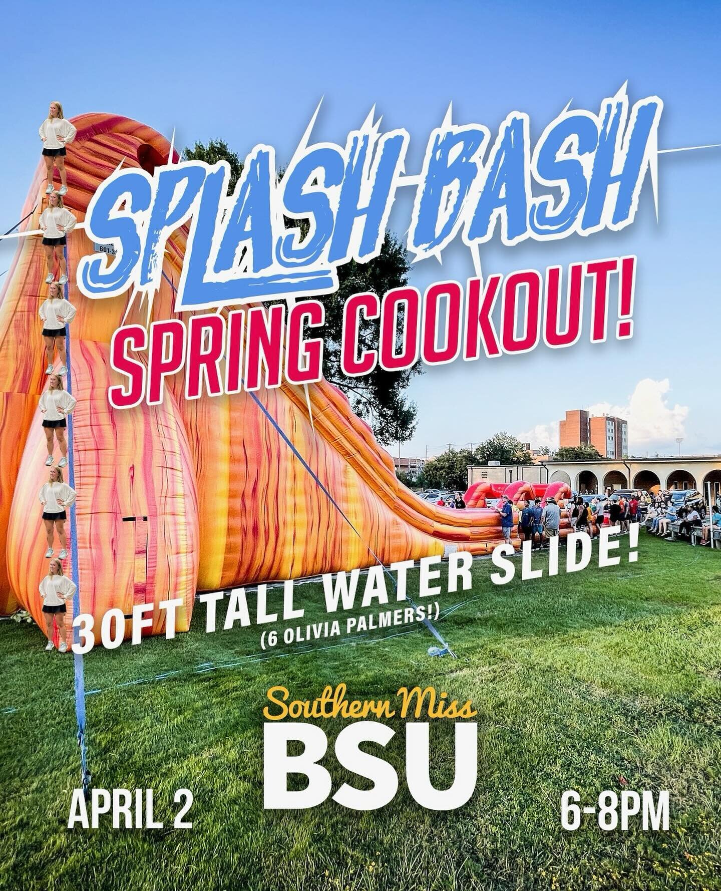 TOMORROW NIGHT (Tues, April 2) we&rsquo;re having a spring cookout in the BSU backyard!

We&rsquo;ll officially start at 6pm, but feel free to come early if you want to get some slides in on the *tallest inflatable slide in Mississippi! (30ft = 6x @o