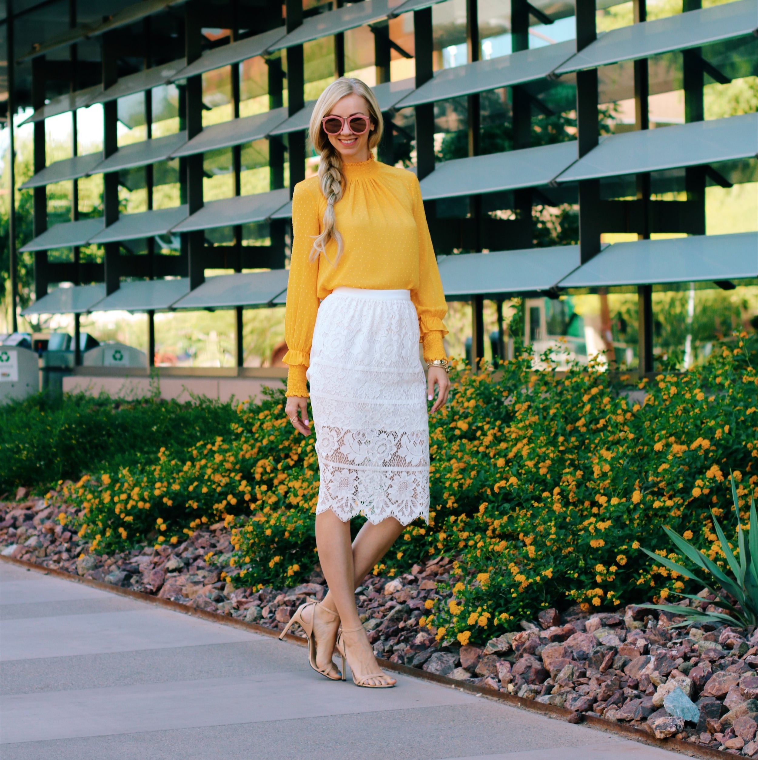 white skirt yellow top