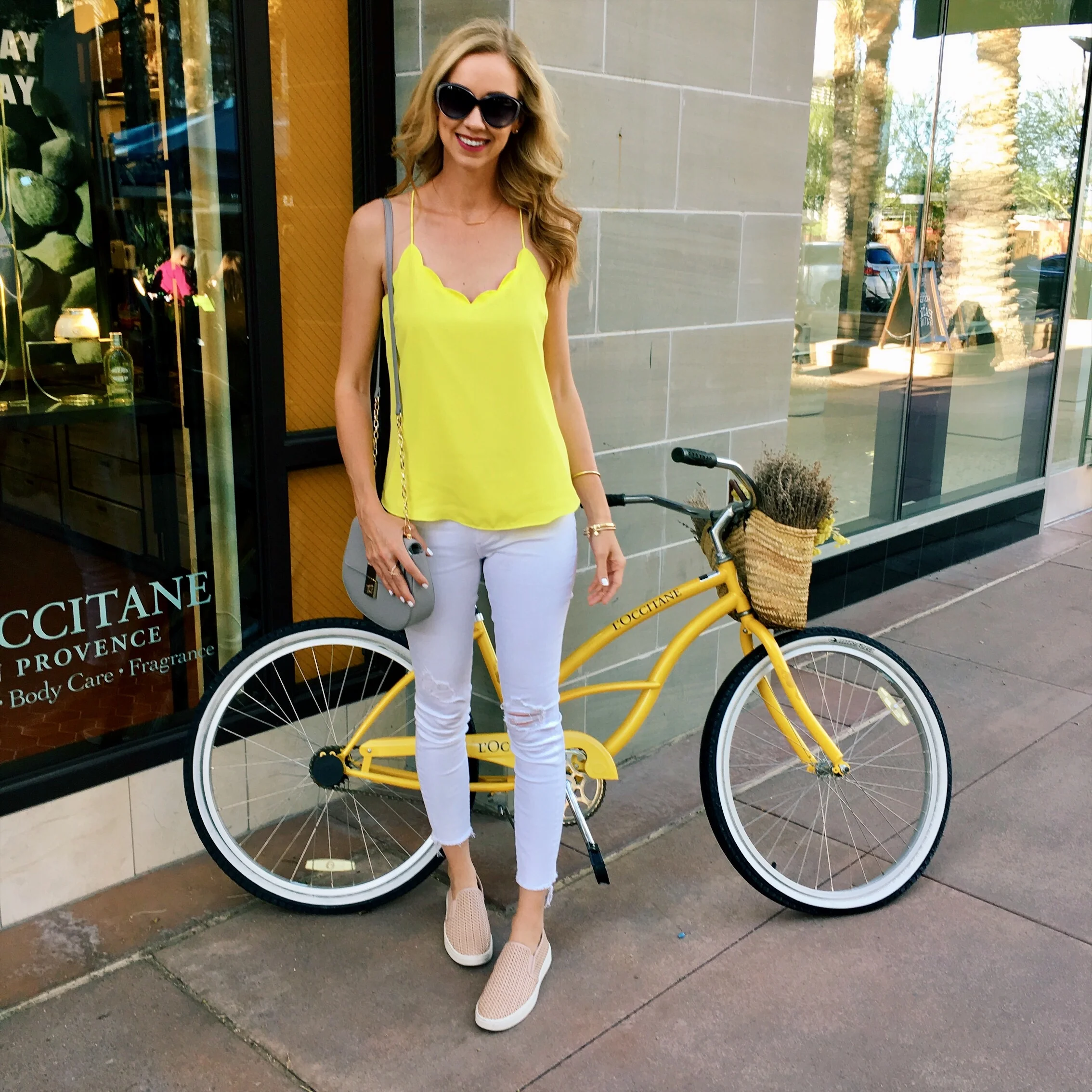 yellow top and white jeans