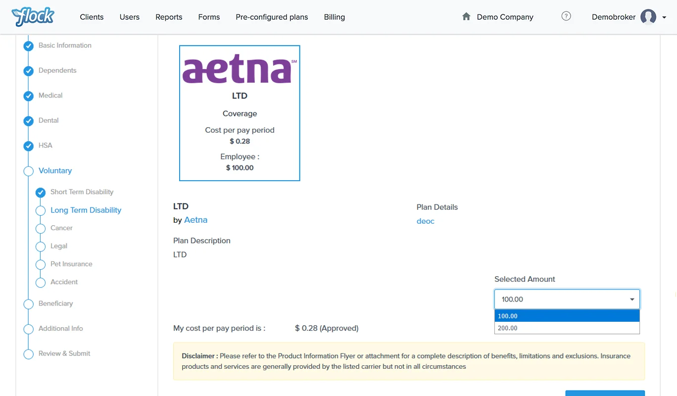 Flock Product Representation for Dropdown support: voluntary LTD & STD plans