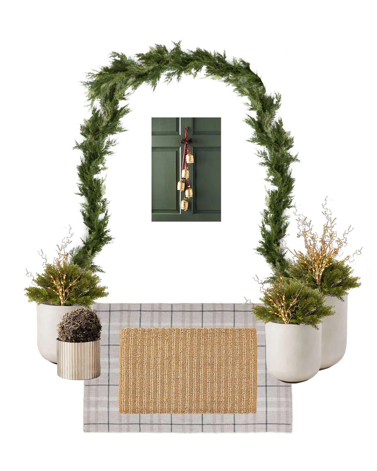 garland | bells | rug | doormat | large planters | metal planter | illuminated hazel branches
