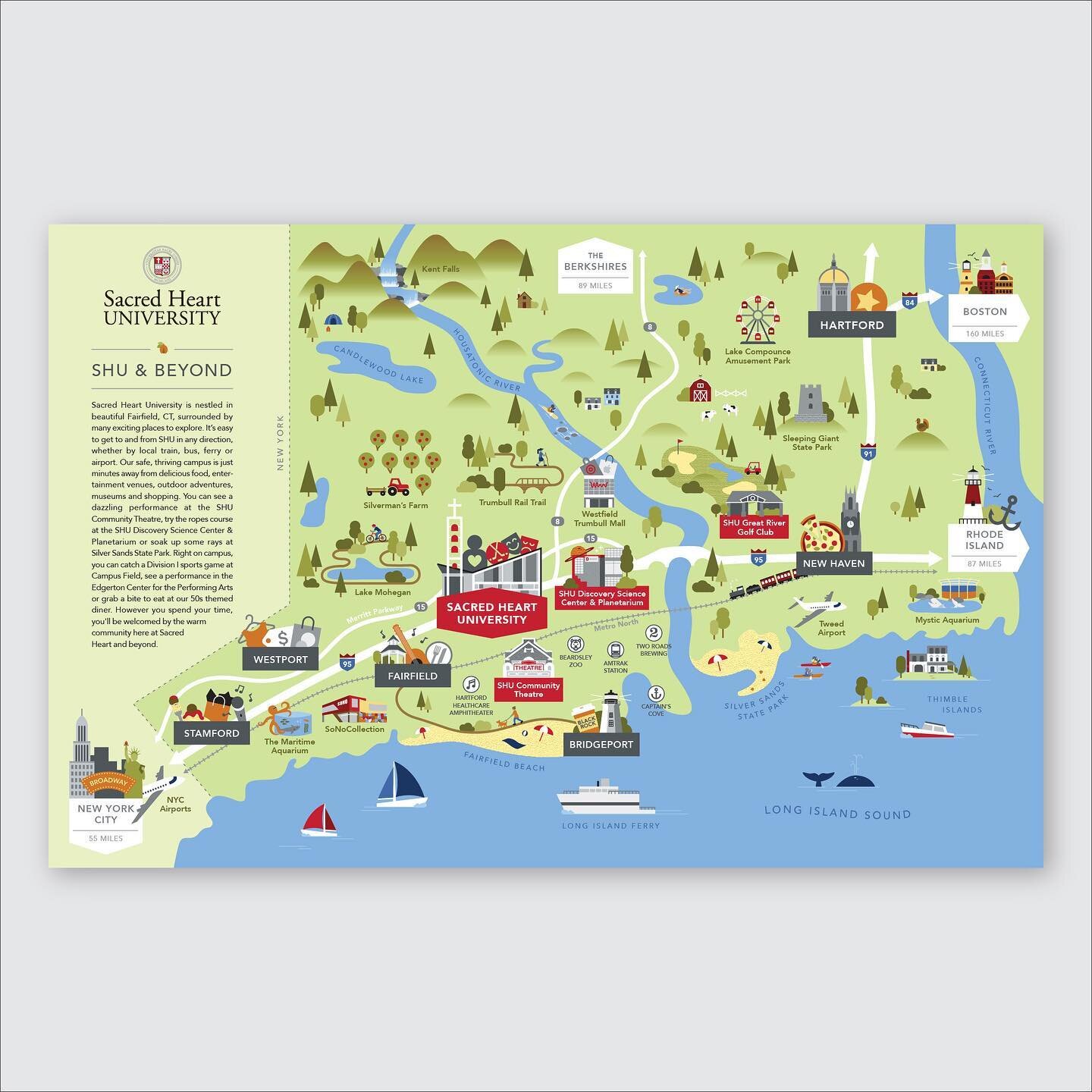 @sacredheartuniversity reached out to us to create an illustrative tourism map of the most popular things to do around the school. We worked with their team to build a curated list of landmarks, activities, and transportation to promote the school&rs