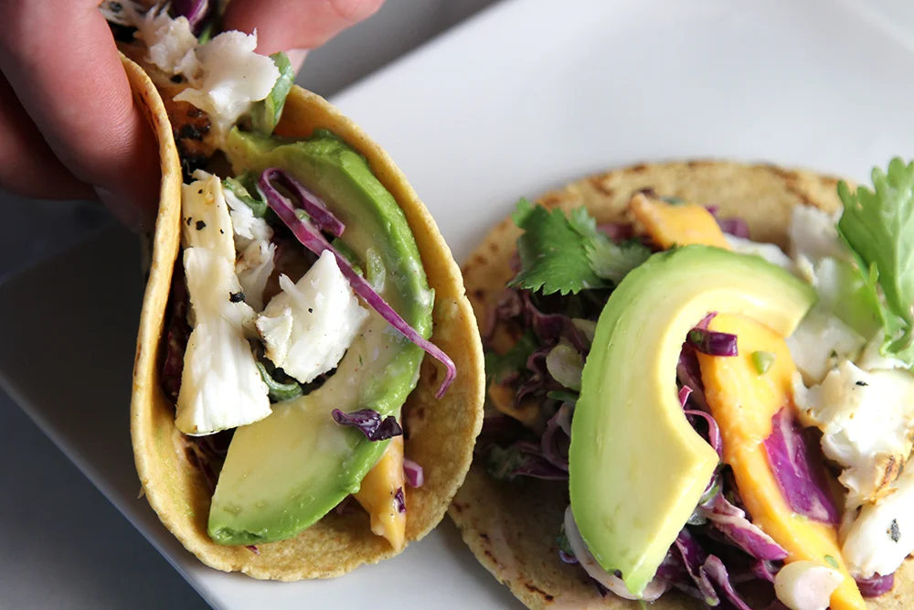 FRESH FISH TACOS WITH MANGO SLAW