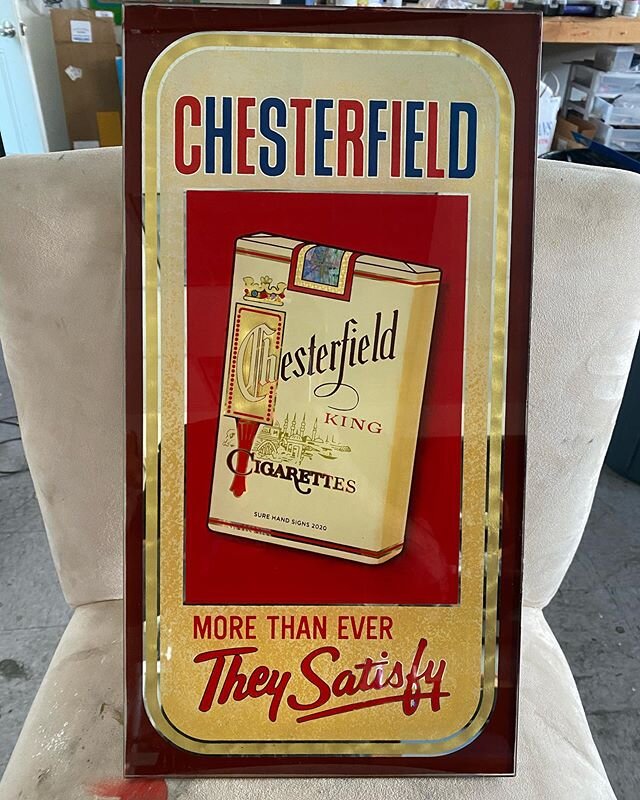 #Chesterfield King ephemera I reworked and turned in to a little glass panel.  10&rdquo;x19&rdquo;. 12kt and 23kt gold, asphaltum and blended enamels.  Project powered almost entirely by @jawbreakerband, tucked a lil&rsquo; homage in to the pack seal