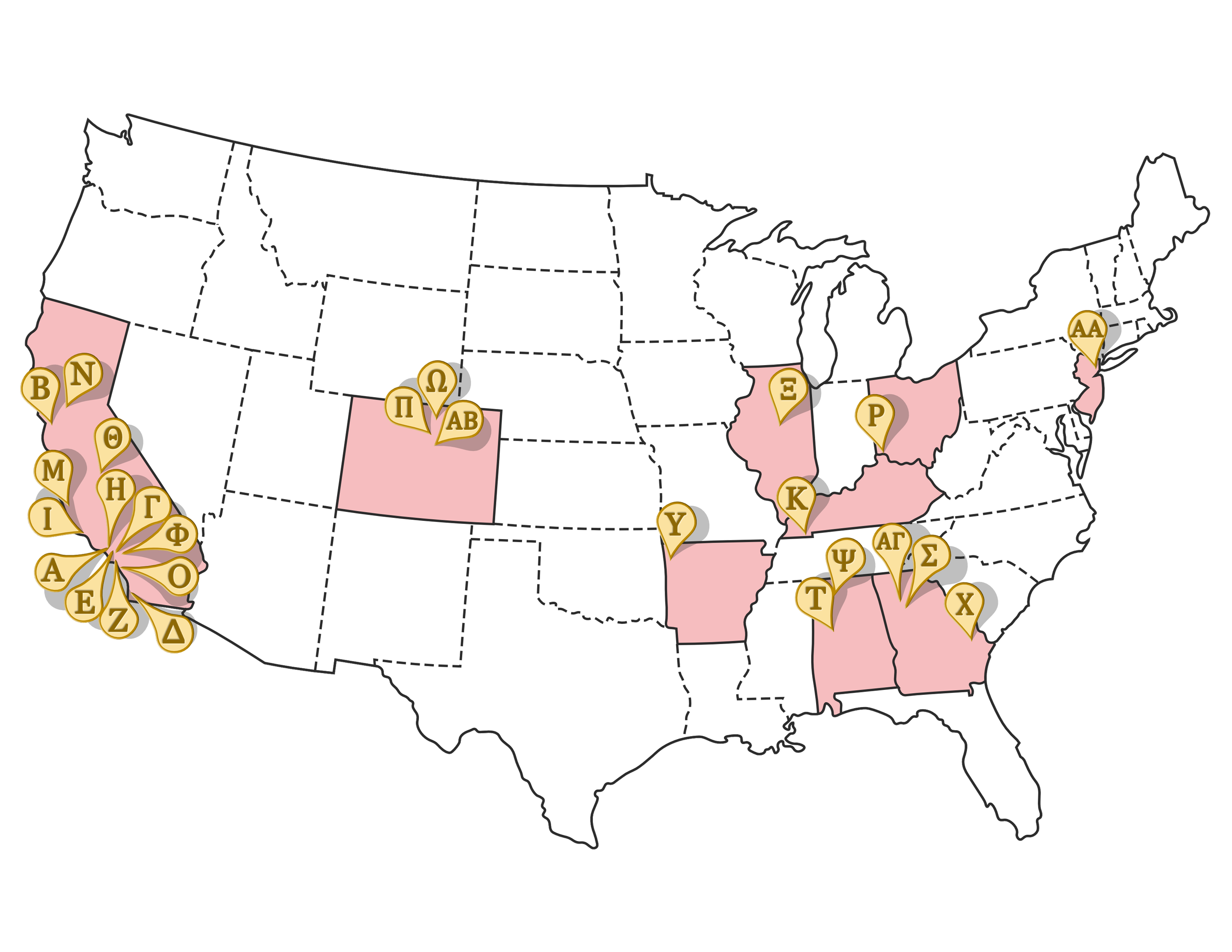 Map showing Alpha Delta Chi chapter locations across the United States.