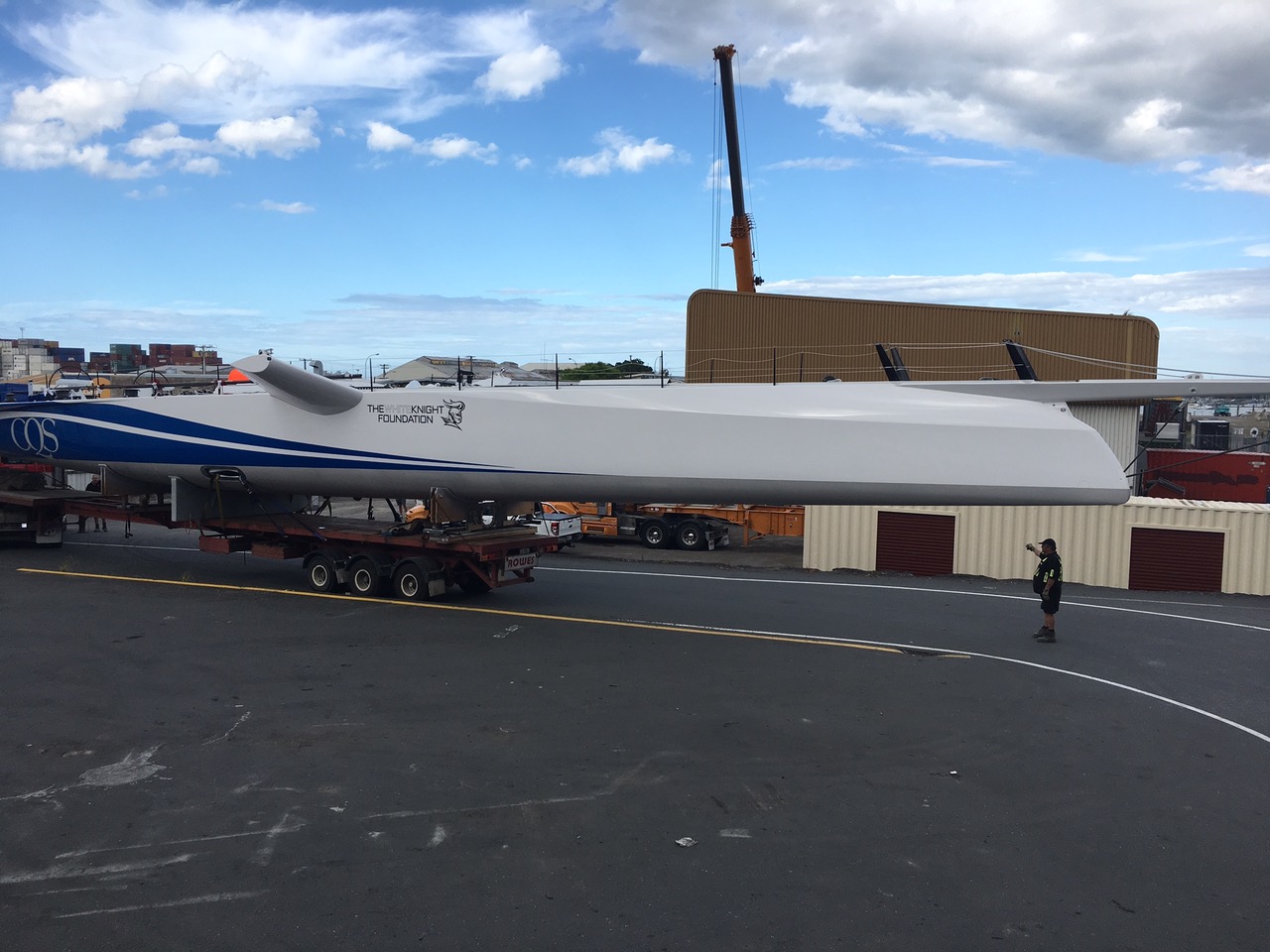 Yacht being lifted on to the truck before being transported to the docks ahead of launch.