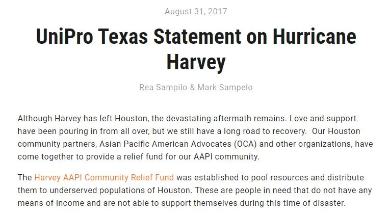 UniPro Texas Statement on Hurricane Harvey