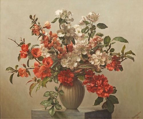 Artists have always captured the seasonality of plants. While this painting is of some of the first spring blooms- quince and flowering cherry, the colors are true to a later season. The impact of flowering branches at the peak of their season should not be missed.