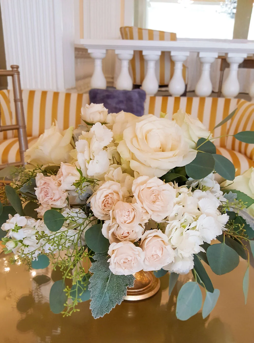 Soft Blush Cream Centerpiece - roses, hydrangea, majolkia rose sprays