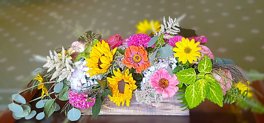 Summer Wooden Trug Centerpiece - Locally sourced blossoms