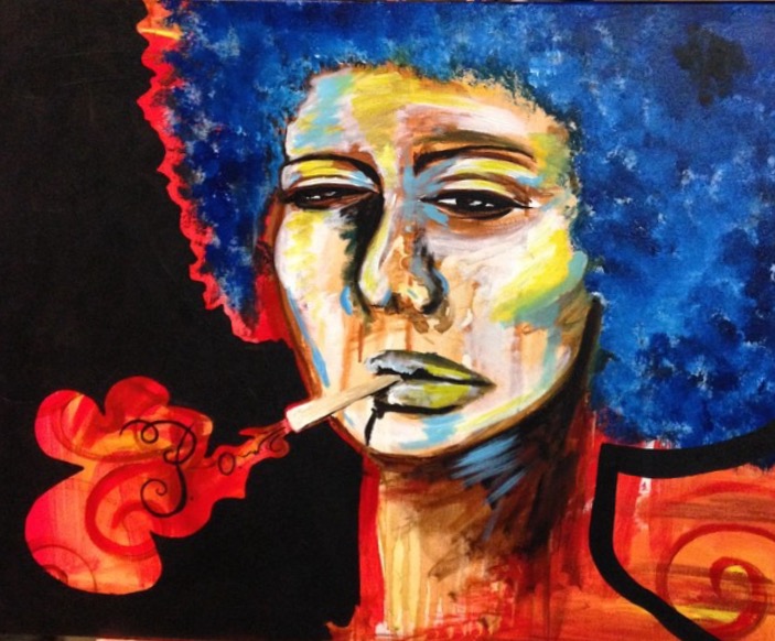 “POW” Inspired by Alicia Key’s poem “Prisoner of Words Unsaid” One evening, I was doing a live painting at a bar in Houston and I painted this woman smoking with the word POW escaping the cigarette. It was my way of capturing the way we tend to use certain things like cigarettes, alcohol, and food to pacify us and keep ourselves quiet. A man I’d never met approached me and told me that the painting reminded him of the poem “Prisoner of Words Unsaid” by Alicia Keys and that I should read it. I was amazed by how much this poem put into words exactly what I intended to portray.