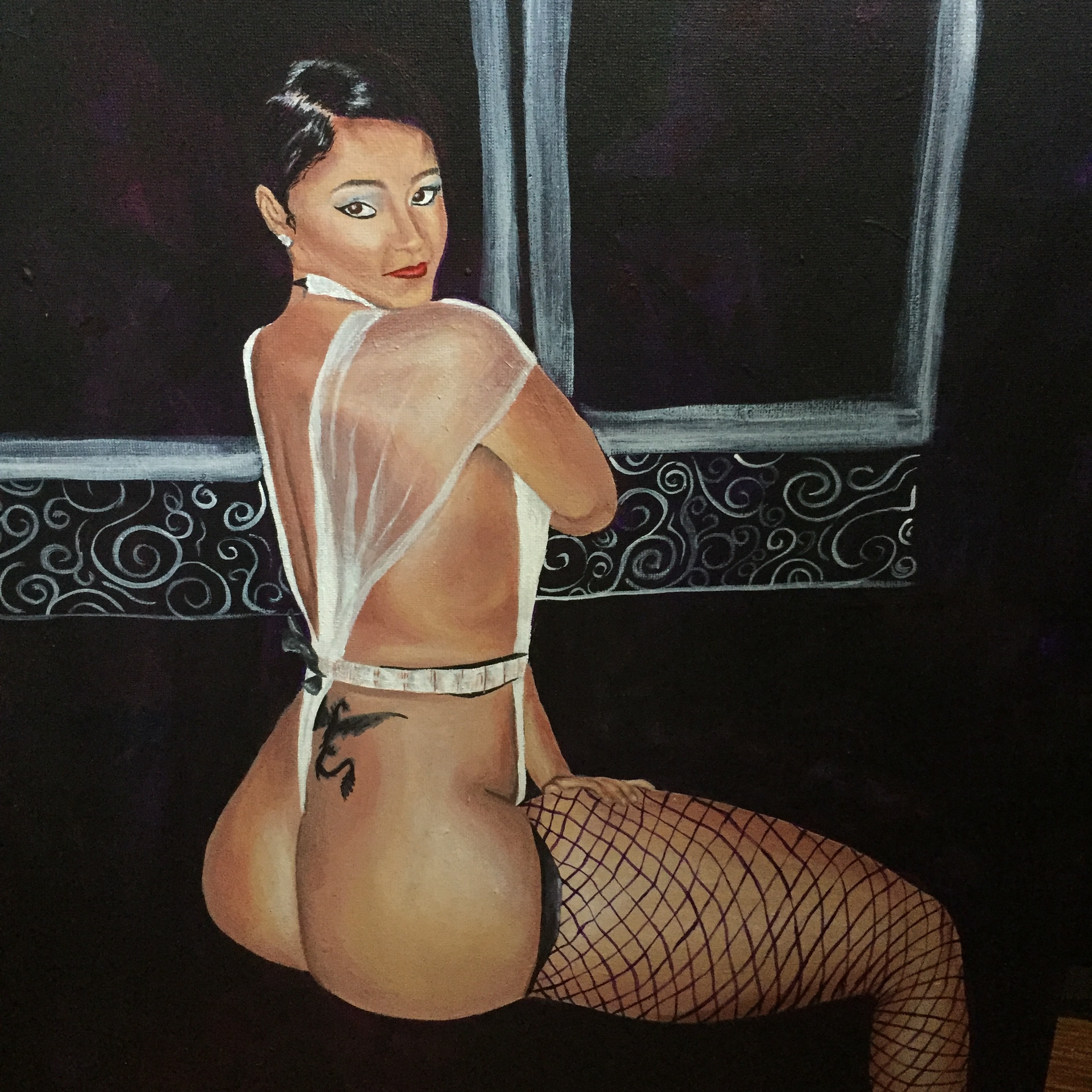 Titled “Maliah” This painting was inspired by the well-known dancer in Houston, Texas, Maliah Michel. Maliah’s body type and features capture the essence of the Louisiana Creole woman, with whom I so deeply admire. Growing up in a Creole family, I was constantly surrounded by these women admiring their beauty, strength, and sex appeal. I chose Maliah as my subject because she embodies some of those characteristics, and yet is unapologetic of her sexuality. She in fact flaunts it, showcasing her vanity and sexuality.