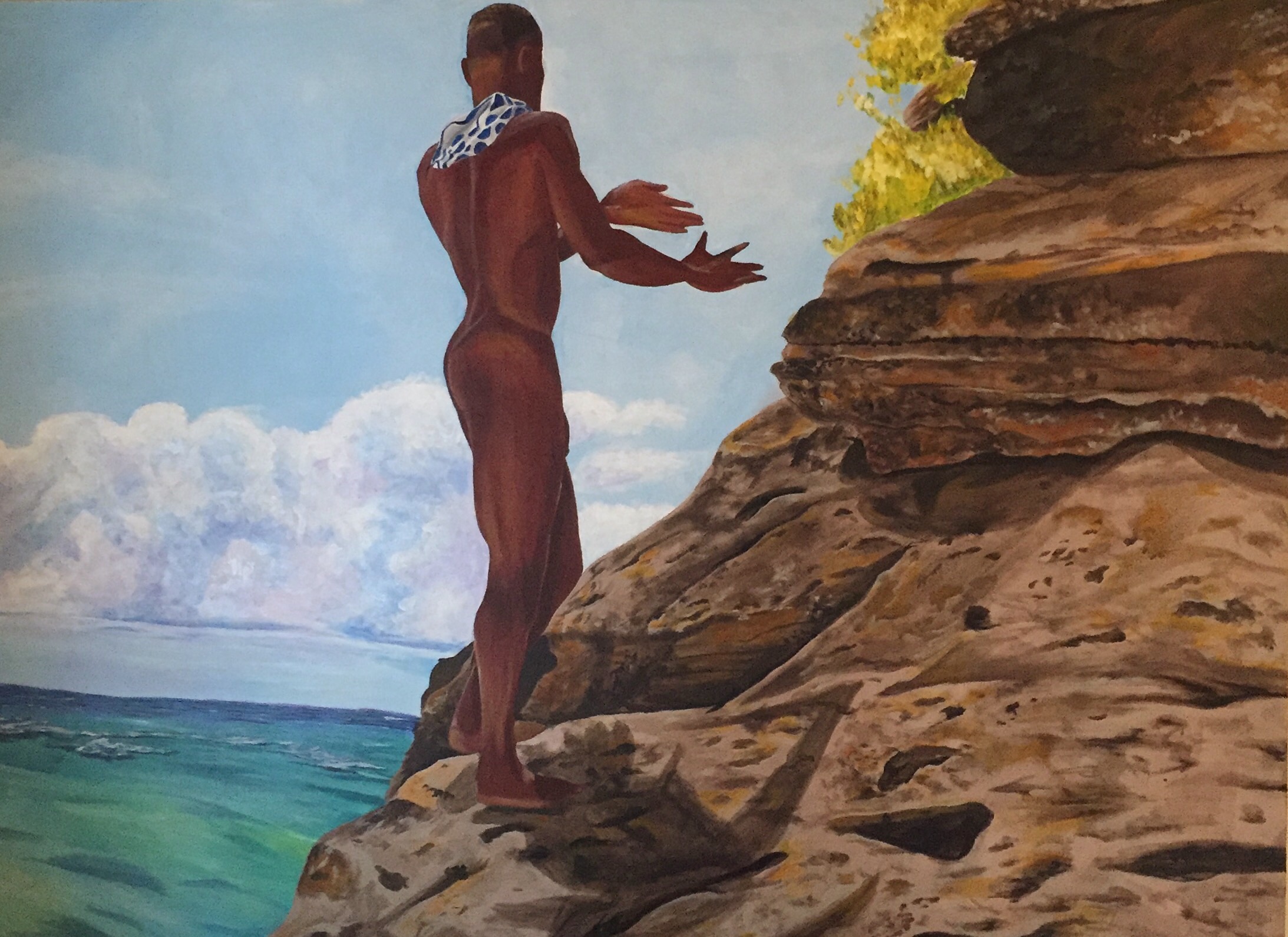 “Between A Rock And A Hard Place” Inspired by the well-known quote, “Stuck between a rock and a hard place.” This painting reflects my ideas of youth. Today, many of us have every available resource needed to succeed, yet we still feel lost, even with opportunities presented to us. “Between a rock and a hard place” describes my interpretation of this dilemma – offering at least two possibilities, neither of which are ideal. With this concept in mind, I re-appropriated an image of a close friend. With his back facing the audience, the figure stares off into what appears to be a paradise. He longs to find his own utopia, but first he must climb.