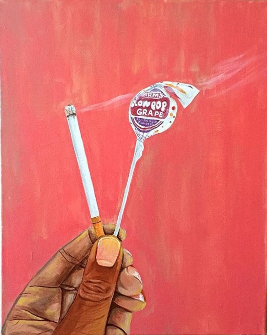 “Which one are you” This image represents my conflicted feelings following a break up. This concept is represented abstractly by the contrast of a lit cigarette and a blow pop. Both can be acquired commercially, both offer a temporary sensation, and can be addictive in nature. One is sweet and juicy, while the other marked dangerous and deadly. We all know their temporary satisfaction could potentially yield consequences, yet we can’t get enough of either. Much like an unhealthy romantic relationship, temporary moments of bliss negate the dysfunctions of the relationship. This image begs the question, which vice would you choose?