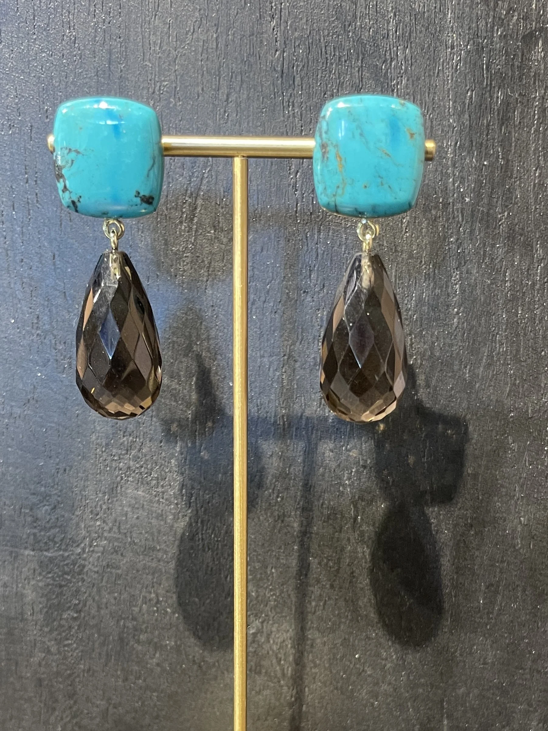 Oorbellen, Turquoise met Rookkwarts