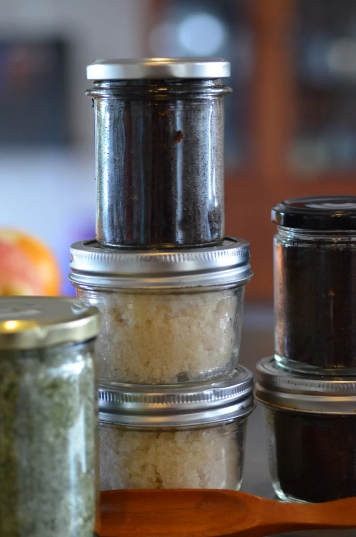 Just a smattering of the jars of scrubs and salts I put together this afternoon. 