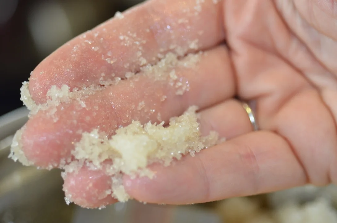 I like mine to be a just a little oily, it should stick together if pressed in my hands, but not too liquid. Just look at that palm...had a psychic tell me I was going to have a long life while looking at that palm. She also said I was going to move to Orange County too...so...there's that. 