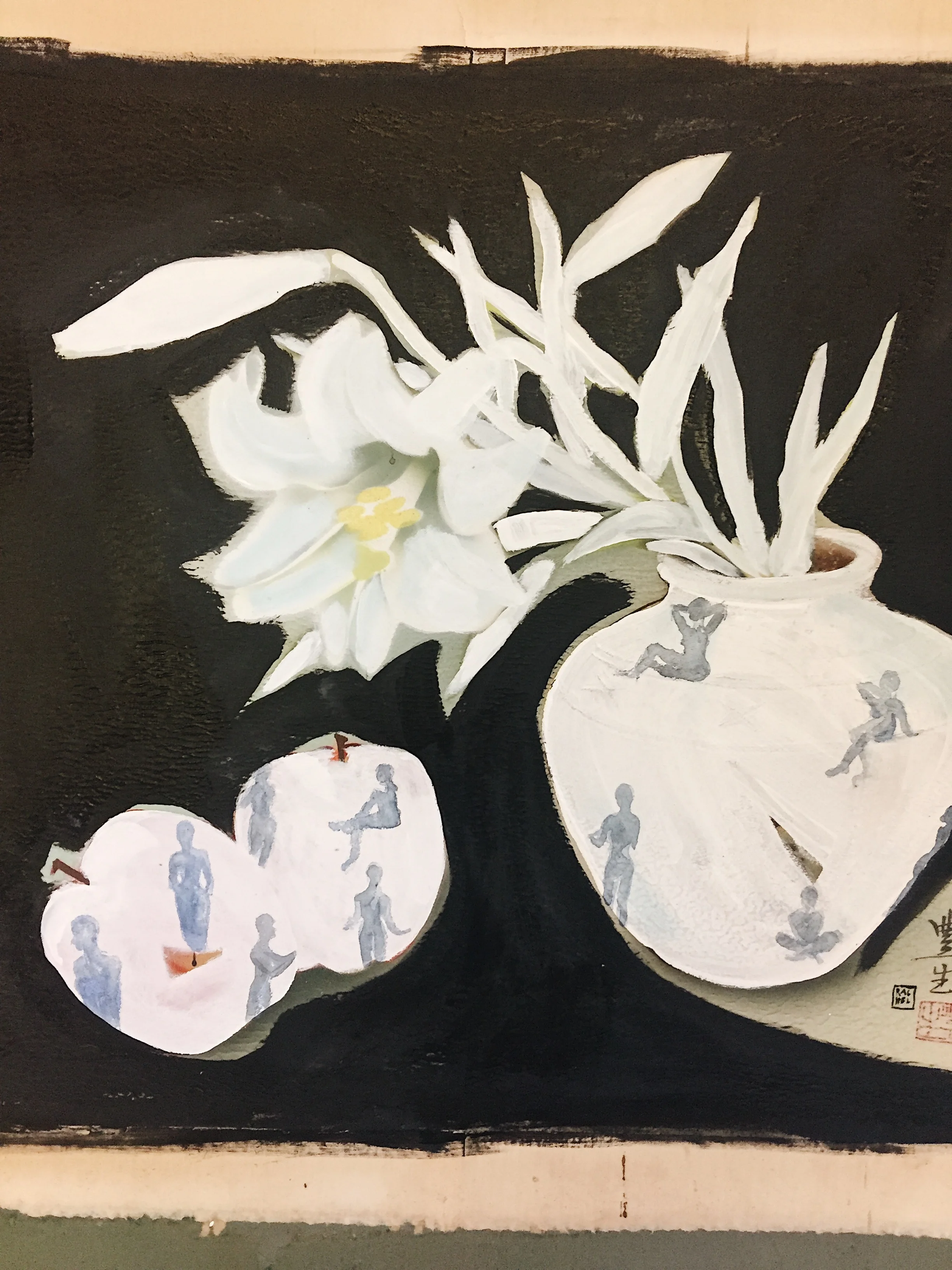 "Onsen". Acryilic and gouache on found wood panel.