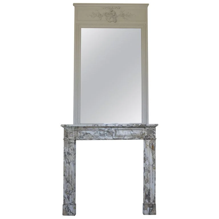 French antique marble fireplace with wood trumeau 19th century France
