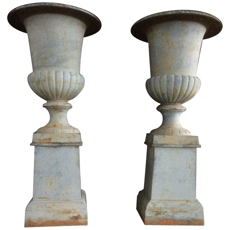 French antique iron vases urns with pedestal 20th century France (pair)