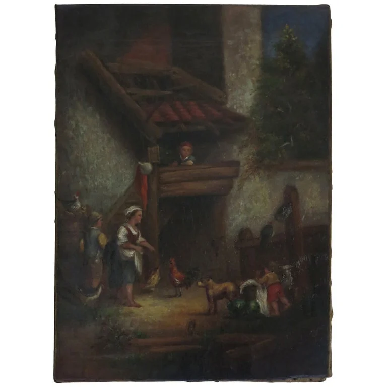 French antique painting village scene 19th century France