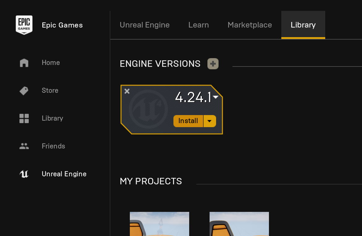  Select a version of UE 4.24 and click the  Install  button 