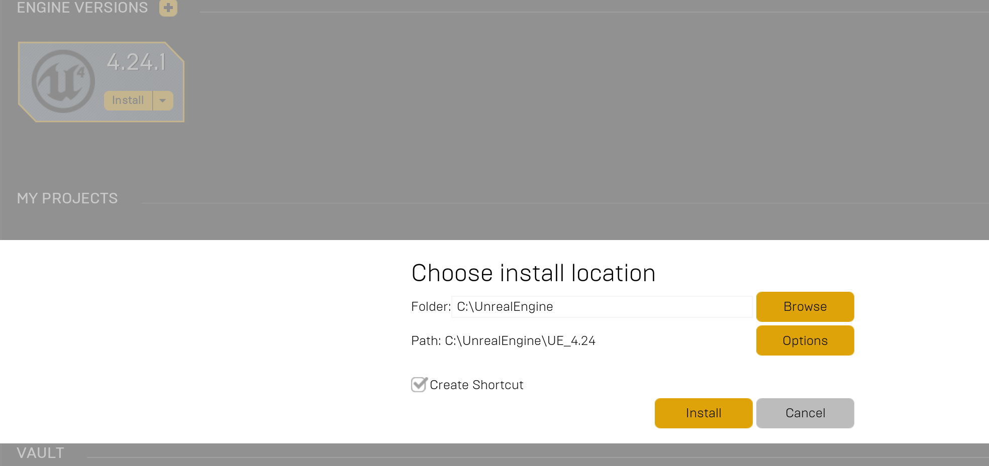  Click through the EULA and then choose an install location (the default works fine). You can save some disk space by going into  Options  and disabling all the optional platforms. Then click  Install  and get a coffee. 