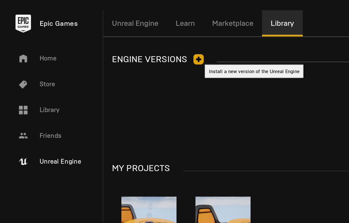  Browse to the  Unreal Engine  tab on the left, and then the  Library  tab on the top bar. Click the  +  button to add a new engine version. 