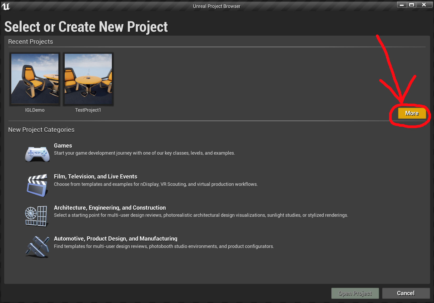  Click the  More  button to get to a different dialog where you can open an existing project 